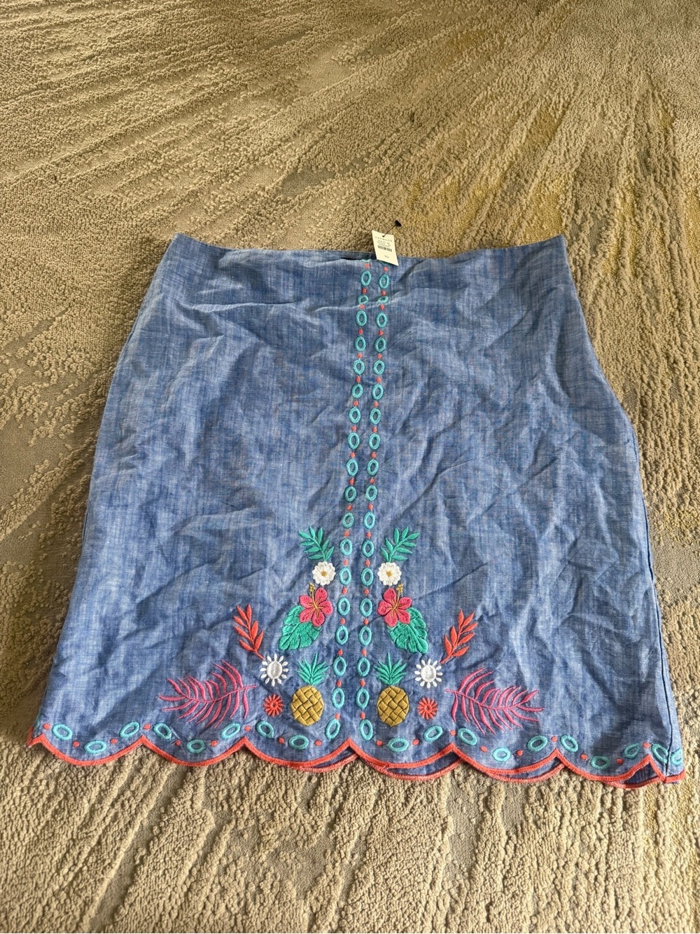 Talbots Blue Chambray Embroidered Linen Cotton Skirt pineapple 10 new